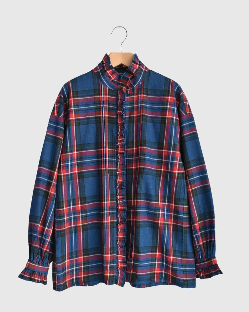 Indigo Tartan Frill Blouse in Blue