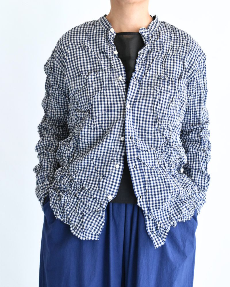 BANDED COLLAR L/SL OVERSIZED SHIRTS in BlueGingham