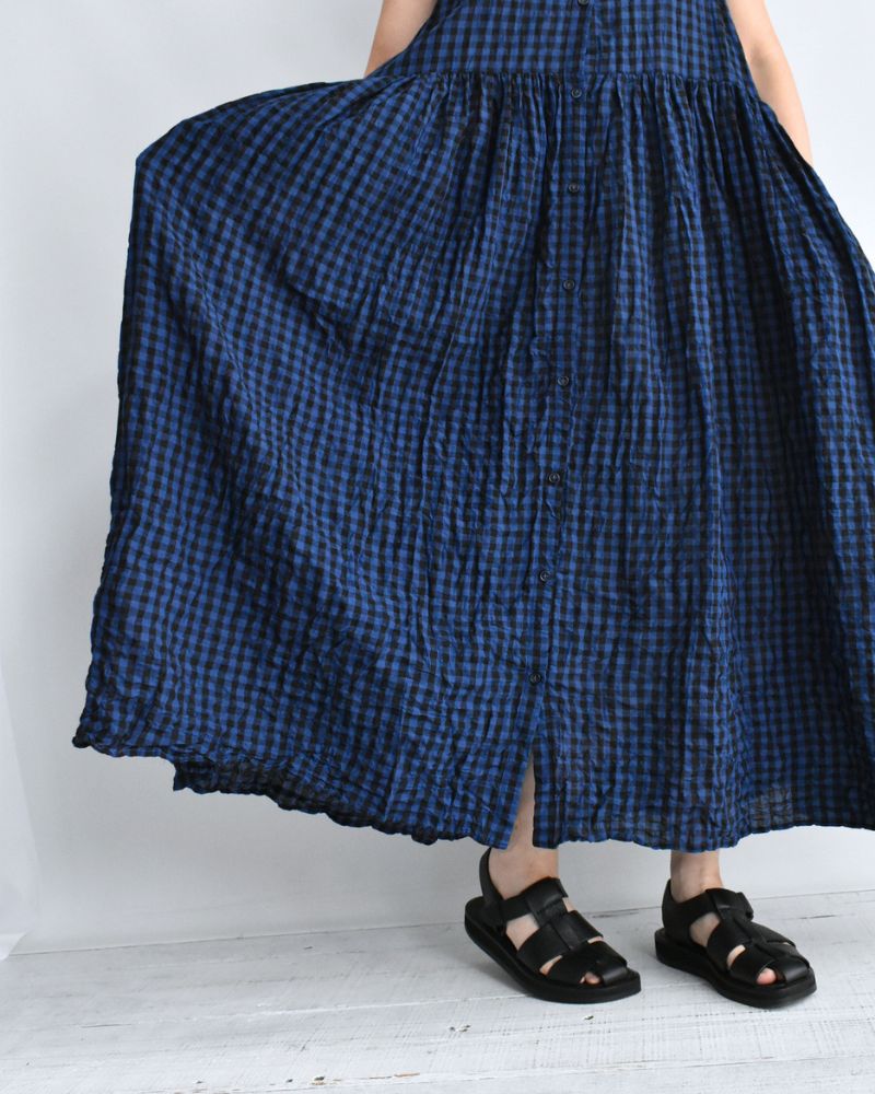 Block Check Sleeveless Gathered Dress in Navy