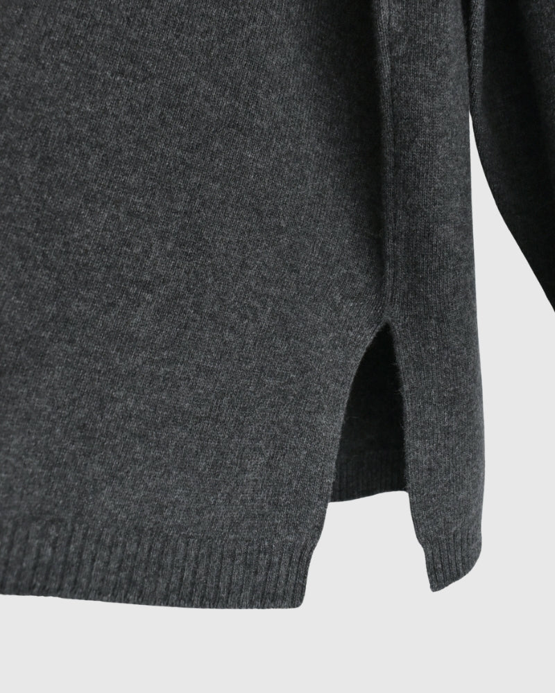 12GG Plain Stitch Drop Shoulder Polo Neck with Slit in Charcoal