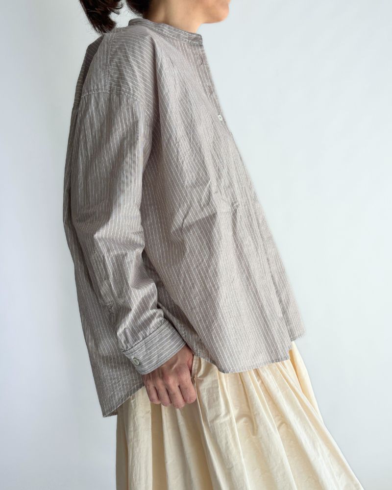 Band Collar Big Shirt in BrownStripe