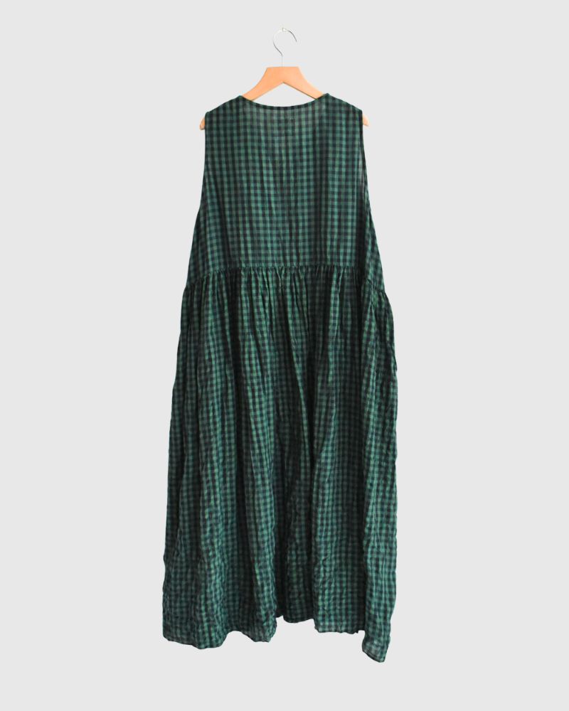 Block Check Sleeveless Gathered Dress in Green