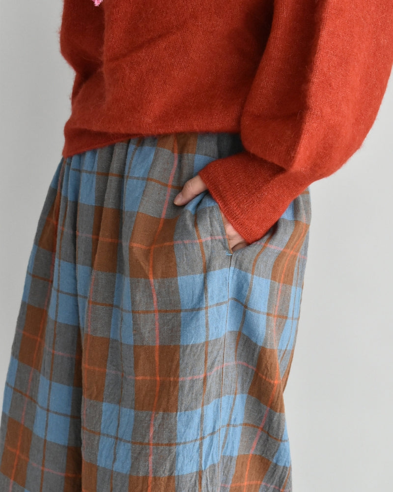 Linen Cotton Check Pants in Blue