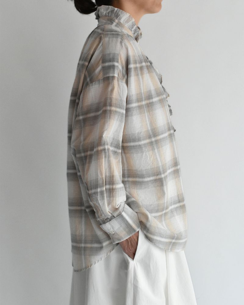 Light Madras Ruffle Blouse in Light Charcoal