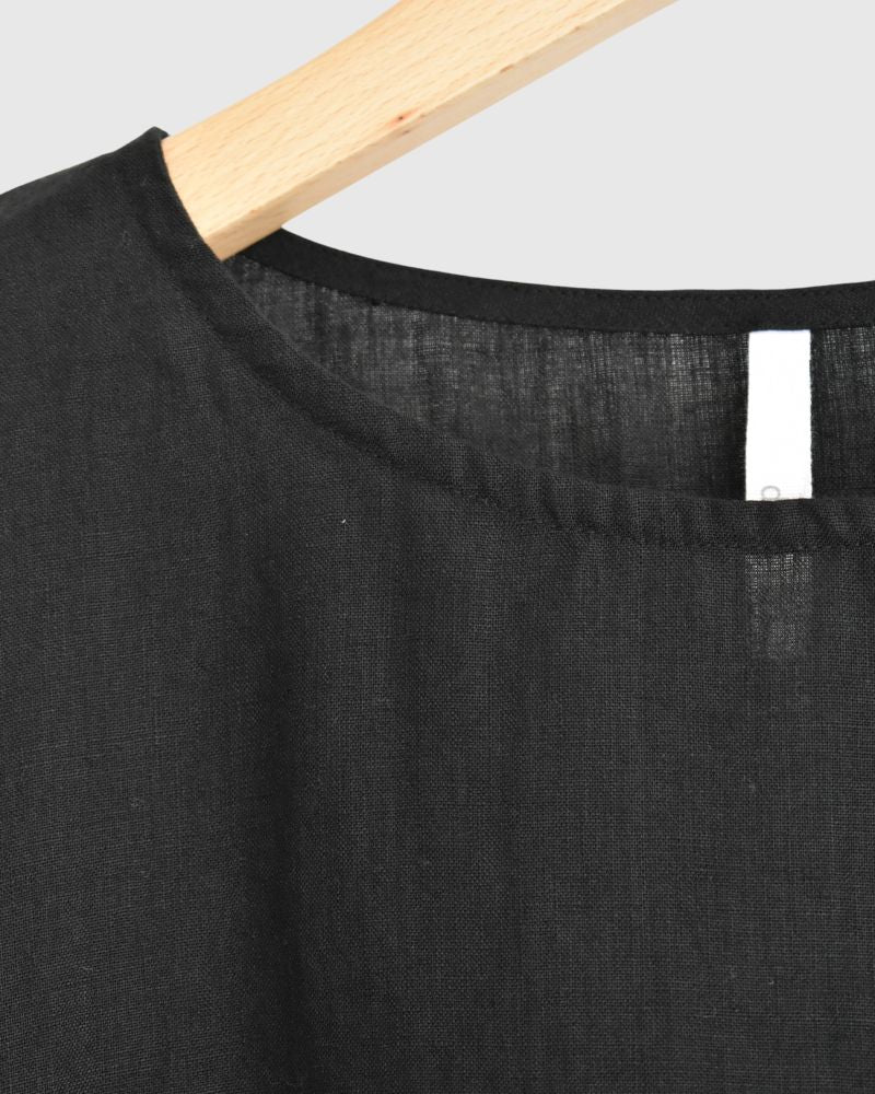 Frill top dress (LINEN) in Black