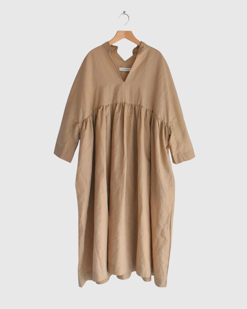 Linen cotton gathered dress in Beige