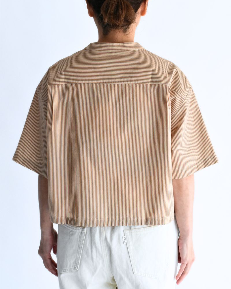 LUNA-W Short Sleeve No Collar Blouse in BeigeStripe