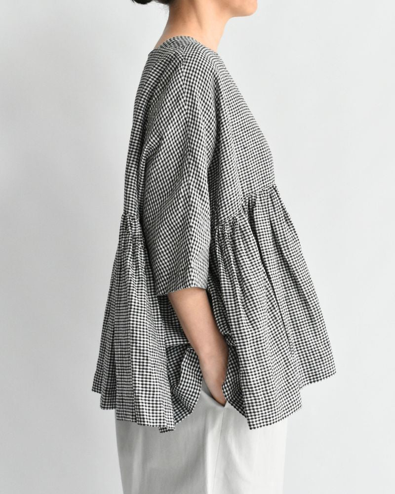 Dolman Gathered Blouse (LINEN) in Black/White