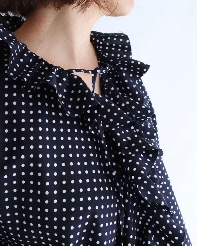 Dot Frill Blouse in Navy