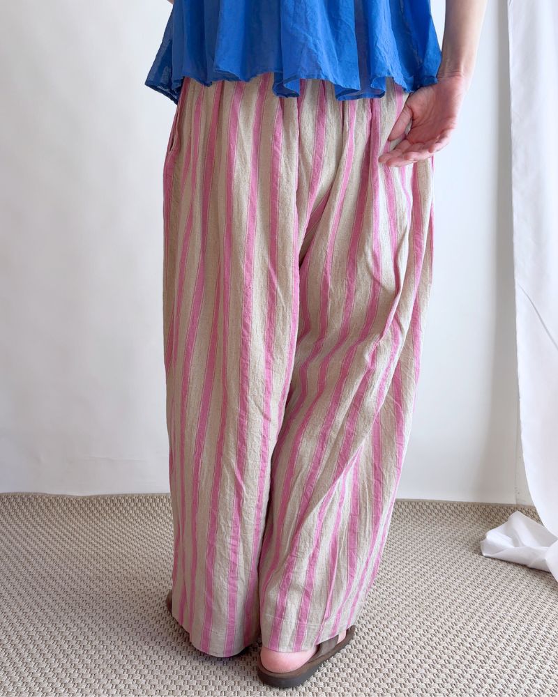 Linen Cotton Stripe Pants in Pink/Natural