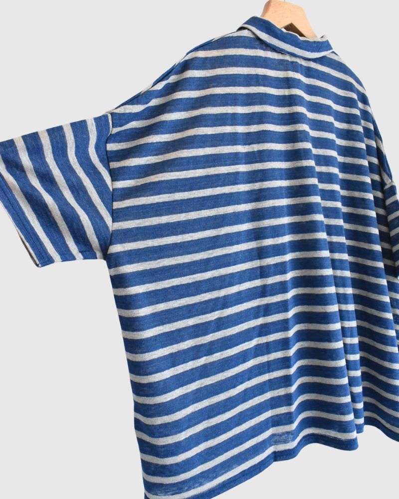 Linen Jersey Border Polo Shirt in Blue/Natural