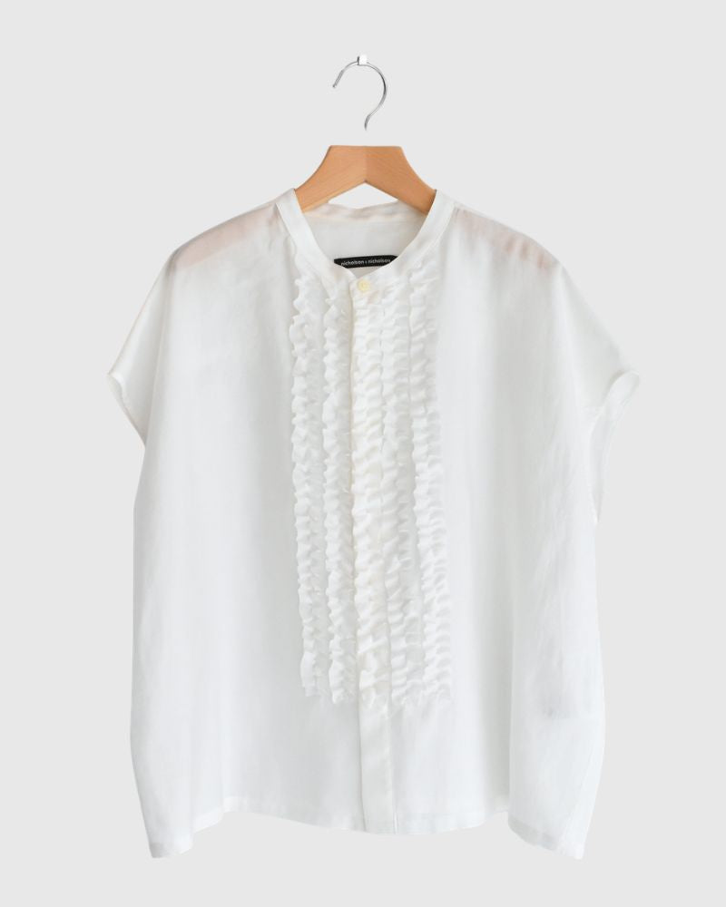 RAY-SILK French Sleeve Frill Blouse in White