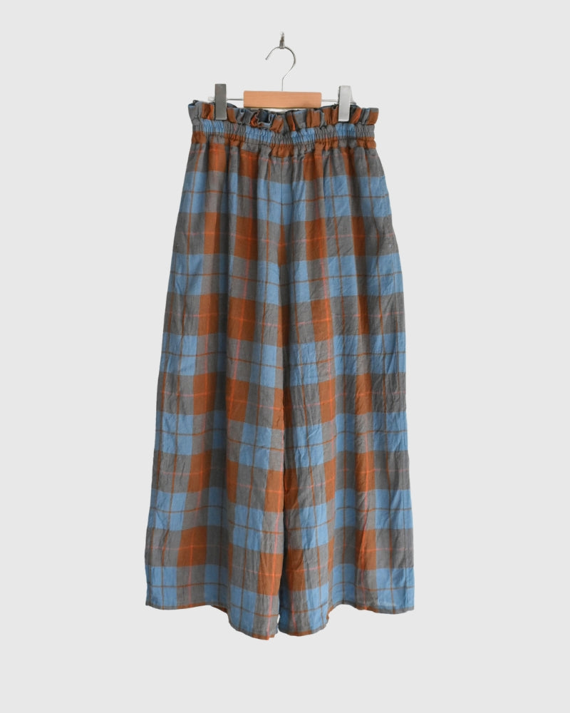 Linen Cotton Check Pants in Blue