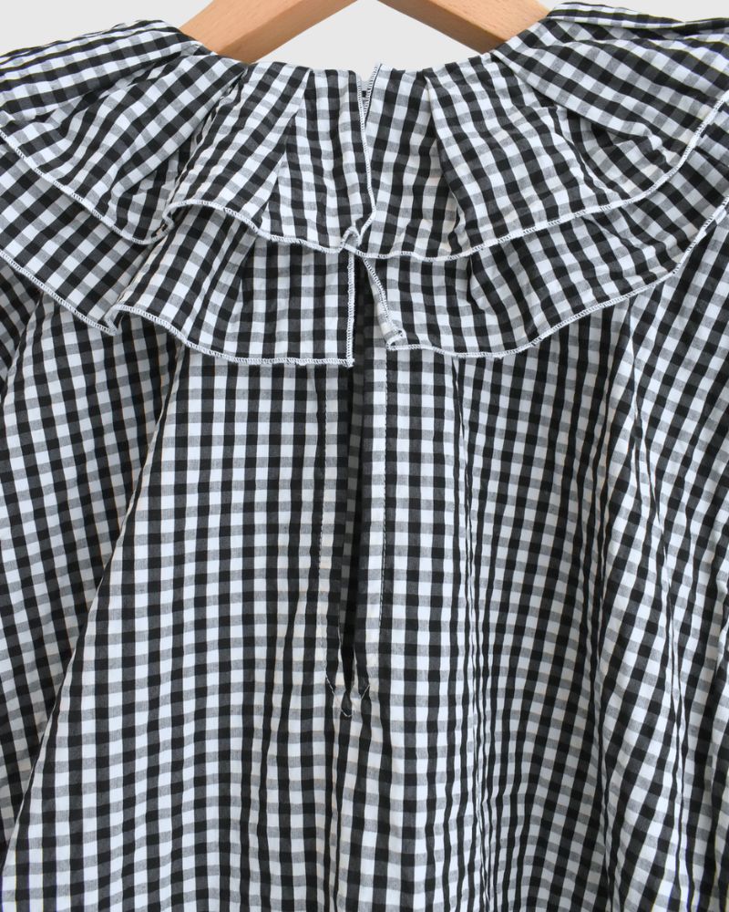 Tuck Frill Pullover in Black/Ecru Check