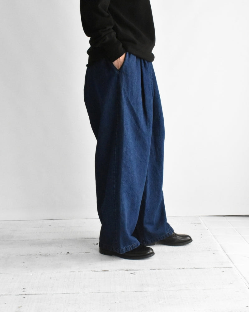 Cotton Linen Denim Tuck Pants in Stone Wash