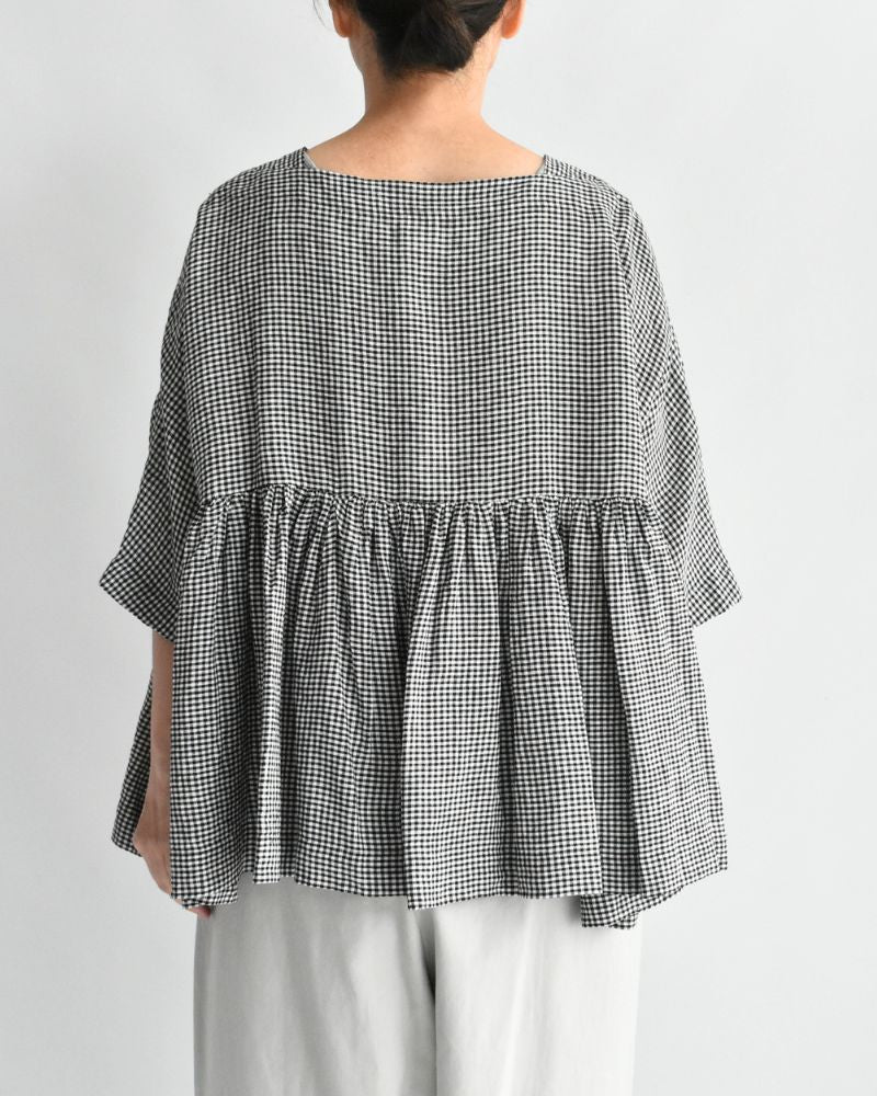 Dolman Gathered Blouse (LINEN) in Black/White