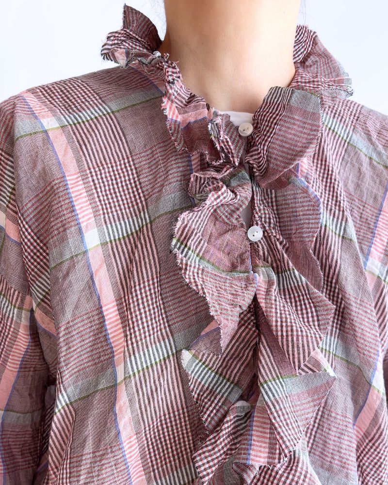 Check frill trim blouse in Pink