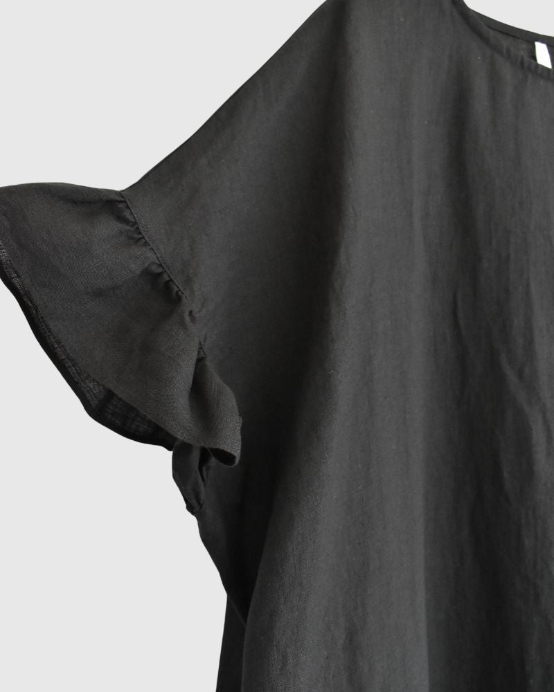 Frill top dress (LINEN) in Black