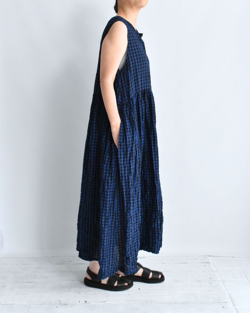 Block Check Sleeveless Gathered Dress in Navy