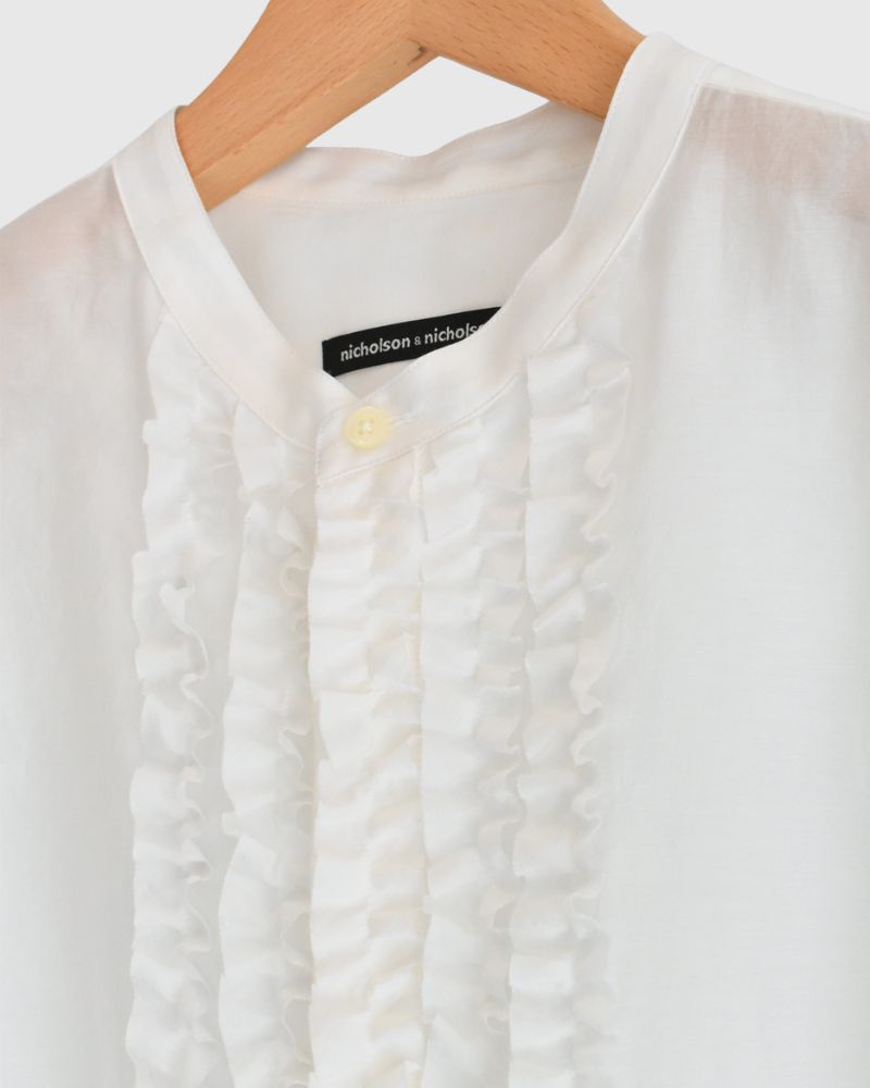 RAY-SILK French Sleeve Frill Blouse in White