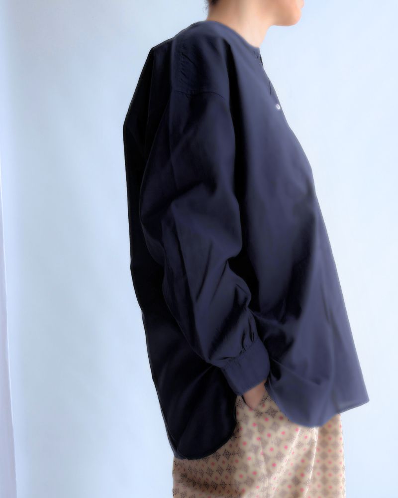 BANGALORE COTTON/SILK PLAIN PULLOVER SHIRT in Navy