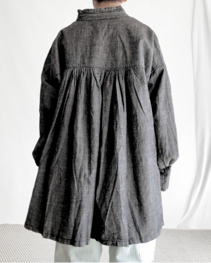 5oz Cotton Linen Slub Denim Long Shirt in Black