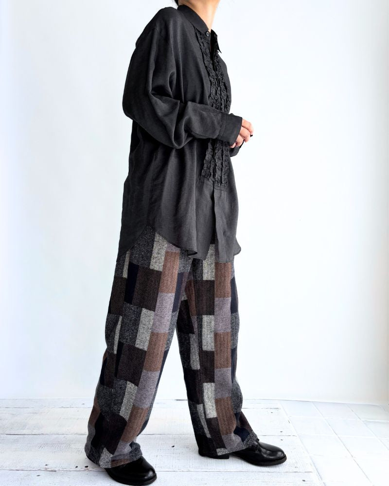 Patchwork Brushed Check Pants in Gray