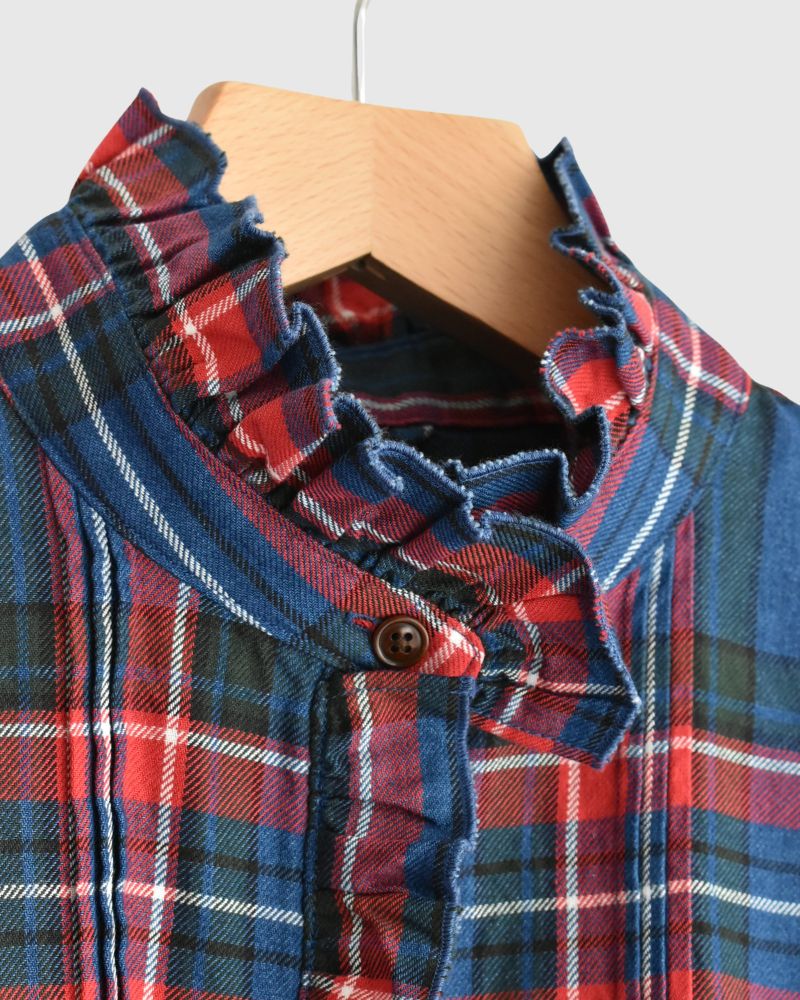 Indigo Tartan Frill Blouse in Blue