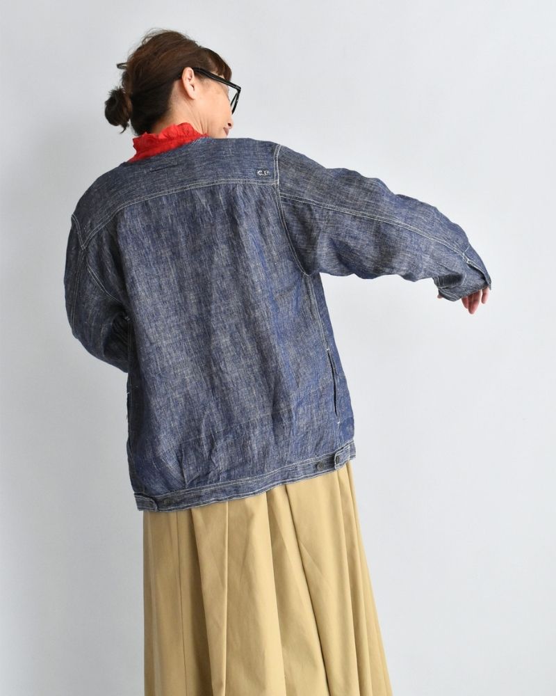 Handwoven Hemp Denim Collarless Jacket in Blue