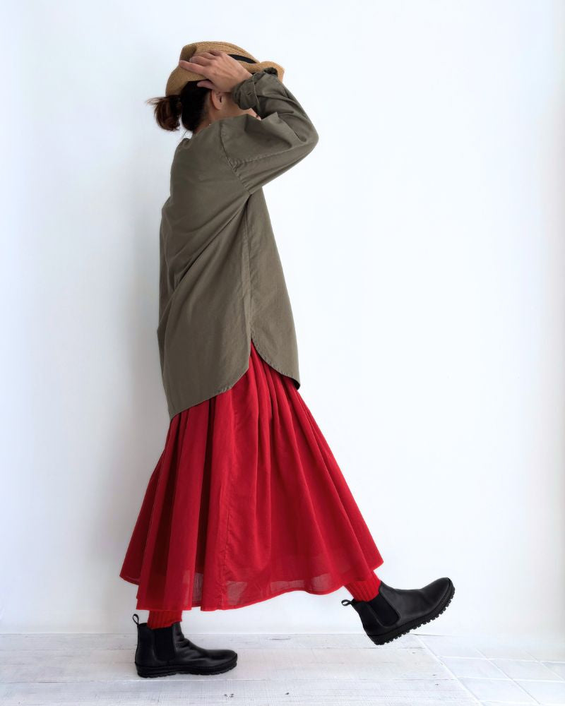 COTTON HERRINGBONE WASH HENRY NECK SHIRT in KhakiHerringbone