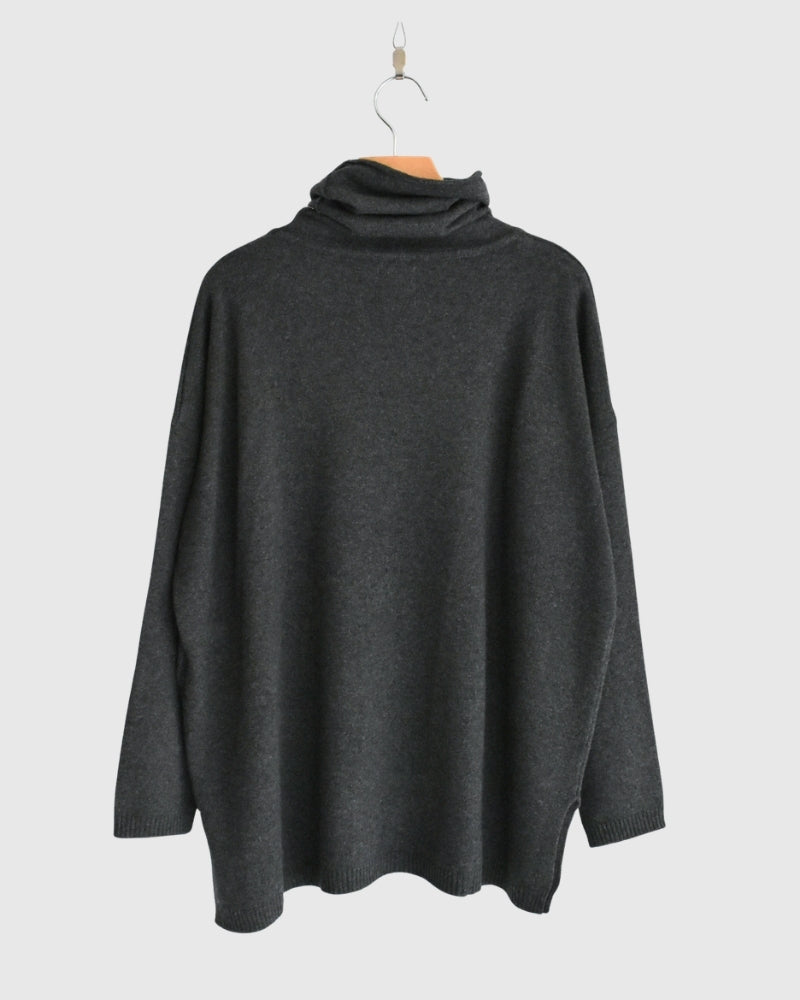12GG Plain Stitch Drop Shoulder Polo Neck with Slit in Charcoal
