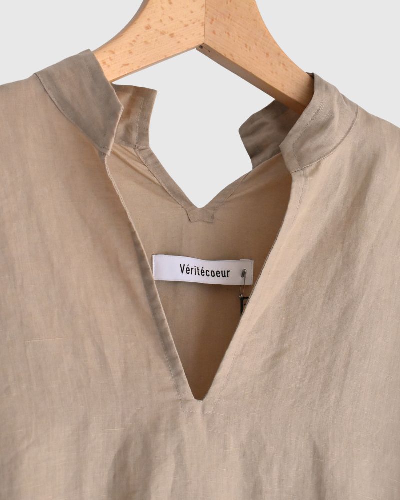 Linen cotton gathered dress in Beige