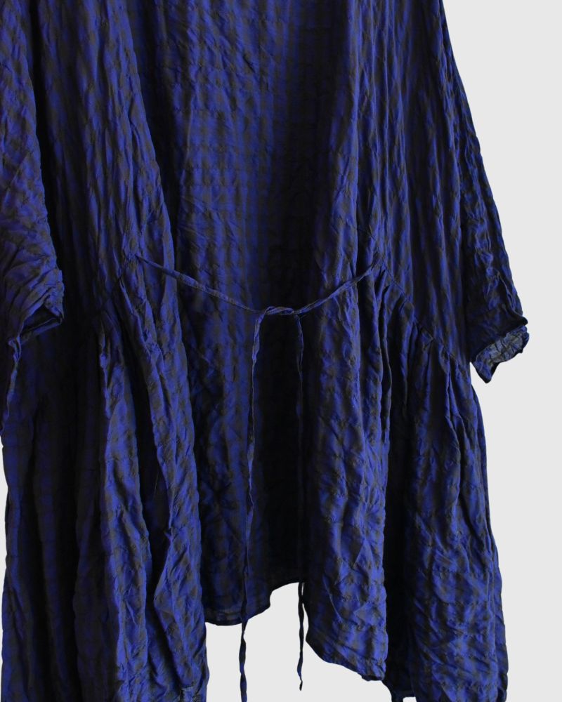 Gingham Gathered Ribbon Blouse in Black/Blue