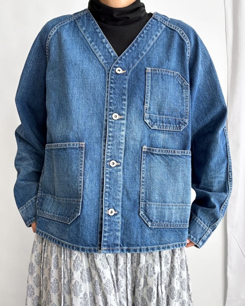 Collarless denim coverall in Denim