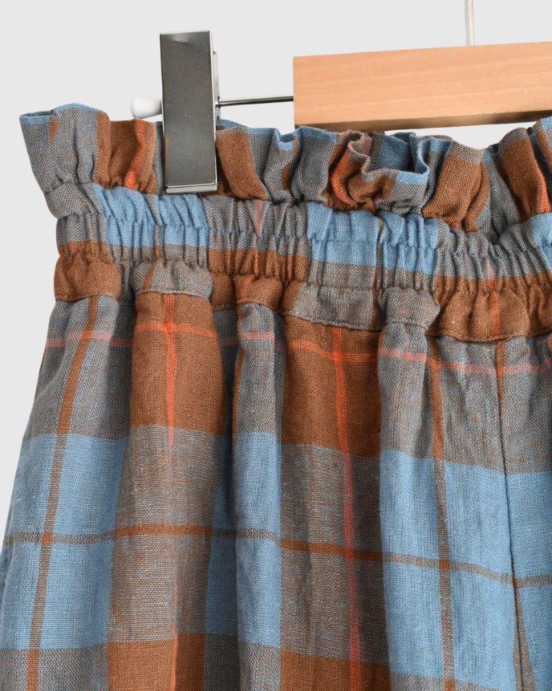 Linen Cotton Check Pants in Blue