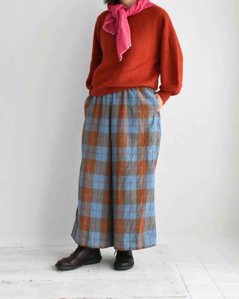 Linen Cotton Check Pants in Blue