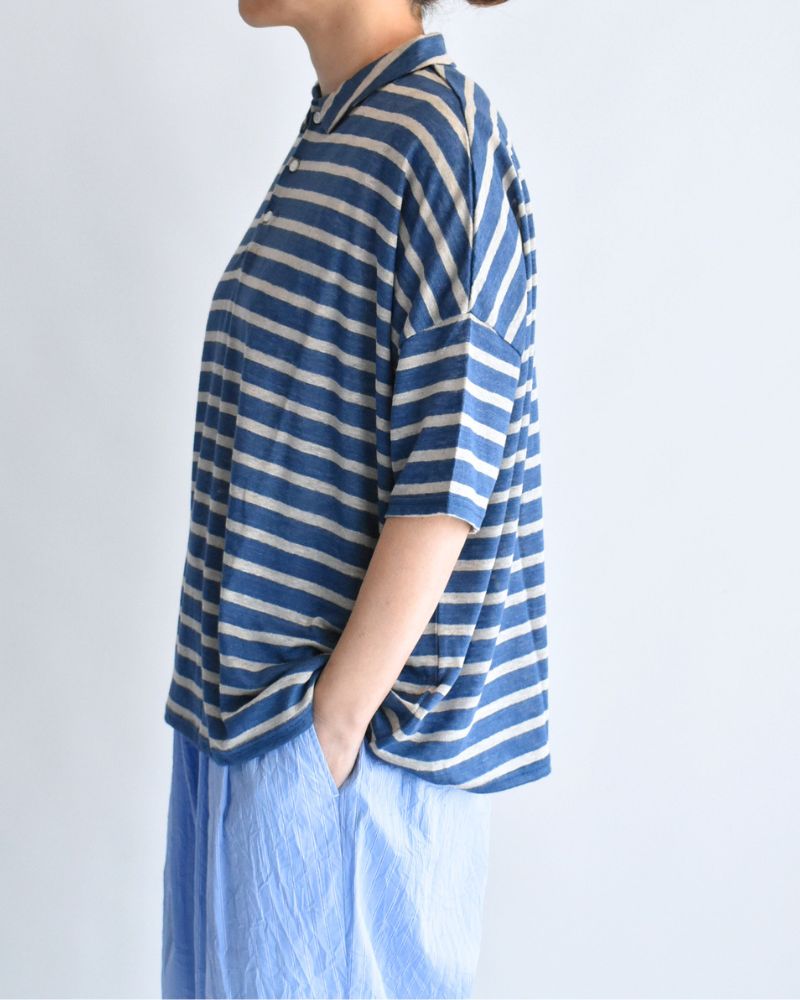 Linen Jersey Border Polo Shirt in Blue/Natural