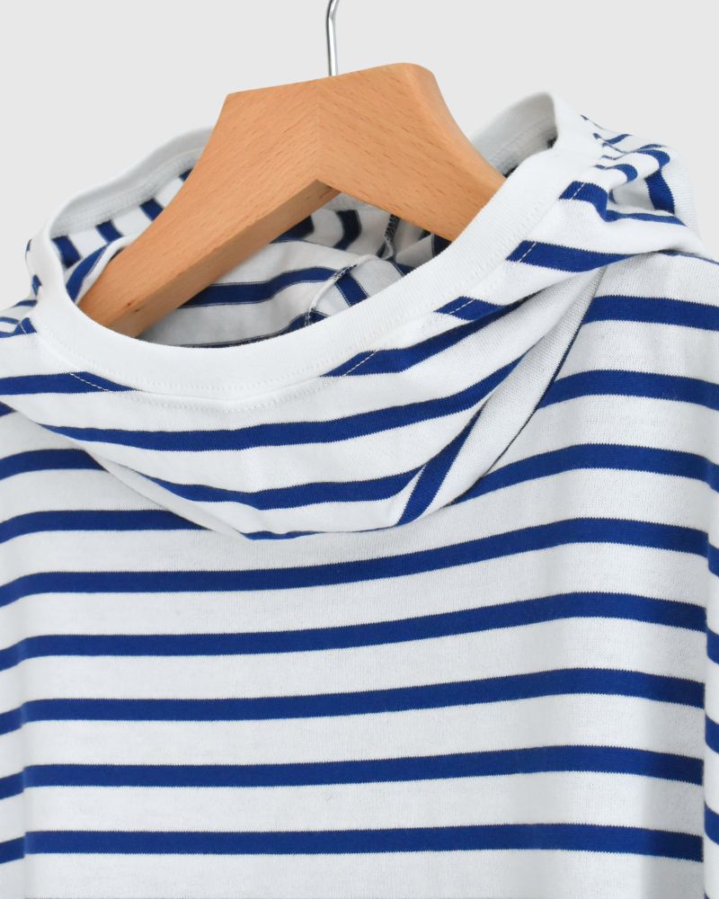 Drawstring Hoodie Pullover in Blue/White