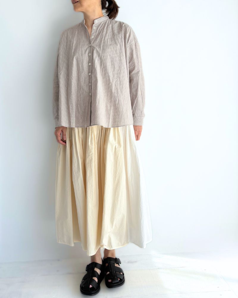 Band Collar Big Shirt in BrownStripe