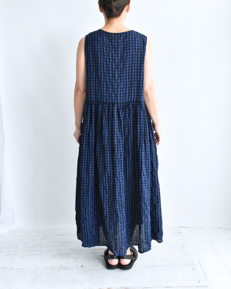 Block Check Sleeveless Gathered Dress in Navy