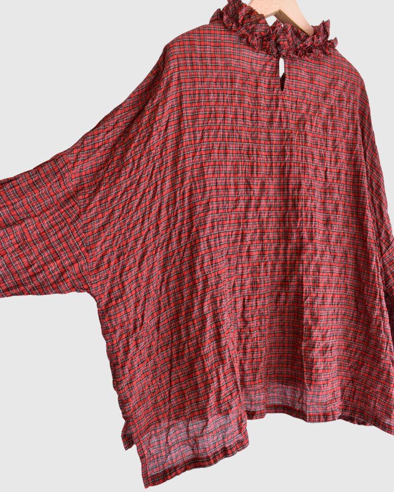 Check Neck Frill Box Pullover in AkaCheck