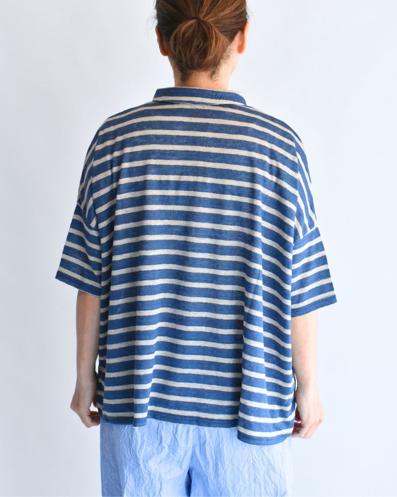 Linen Jersey Border Polo Shirt in Blue/Natural