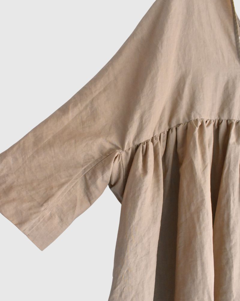 Linen cotton gathered dress in Beige