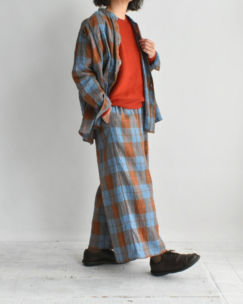 Linen Cotton Check Pants in Blue
