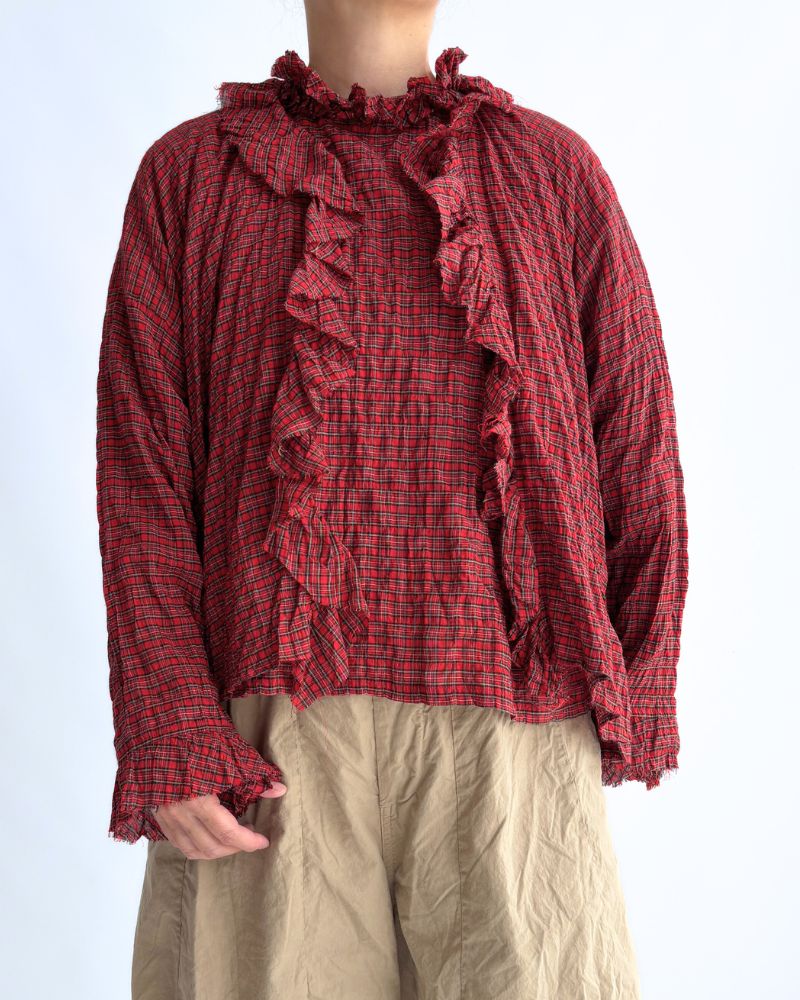 Check Neck Frill Box Pullover in AkaCheck