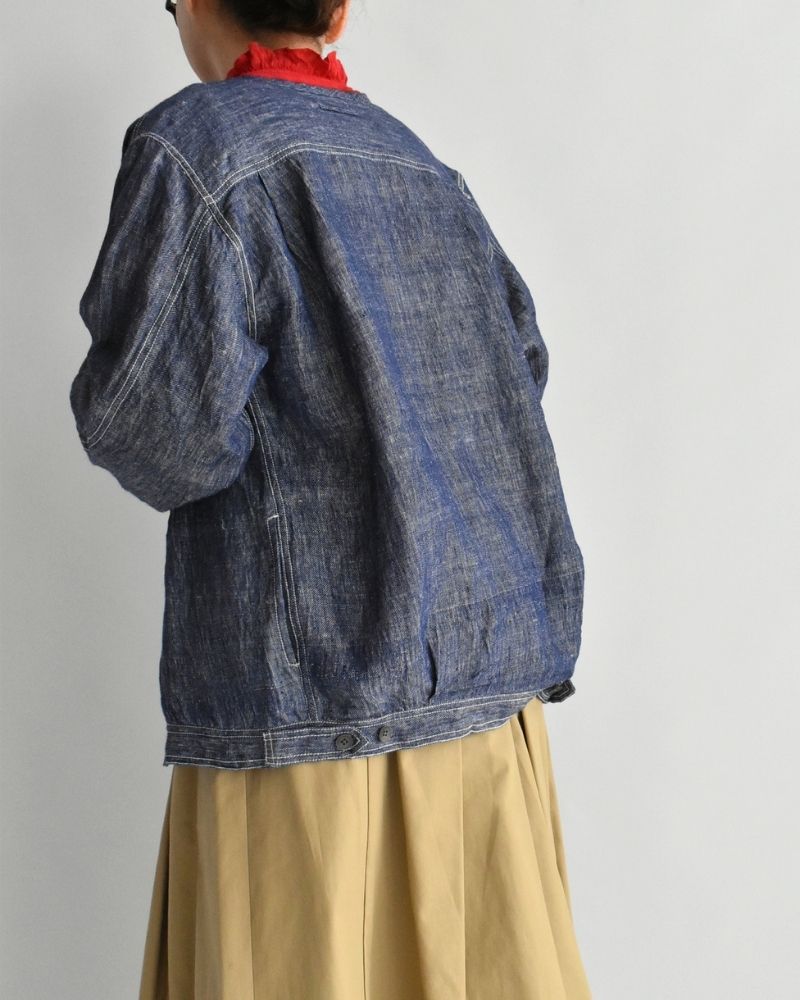 Handwoven Hemp Denim Collarless Jacket in Blue