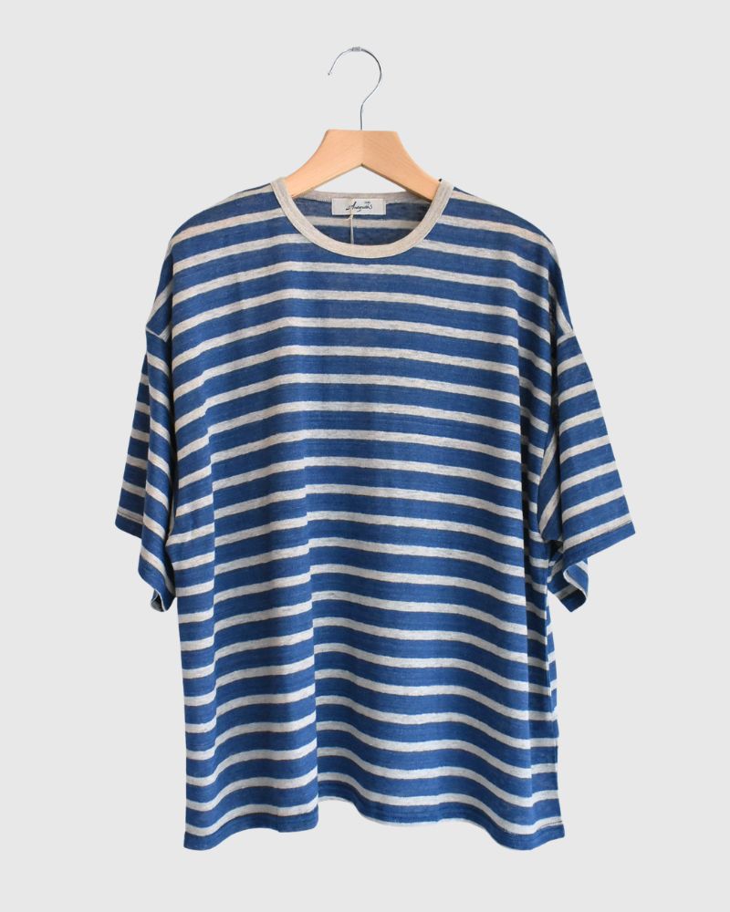 Linen Jersey Border Pullover in Blue/Natural