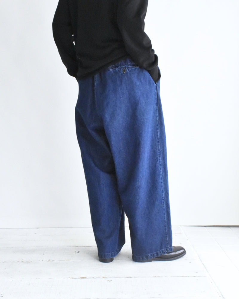 Cotton Linen Denim Tuck Pants in Stone Wash