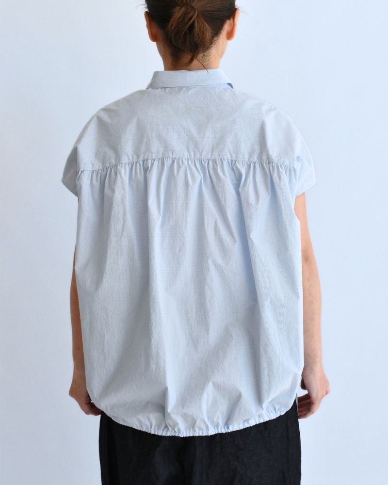 TENDER-W Back Gather French Sleeve Blouse in SaxCheck