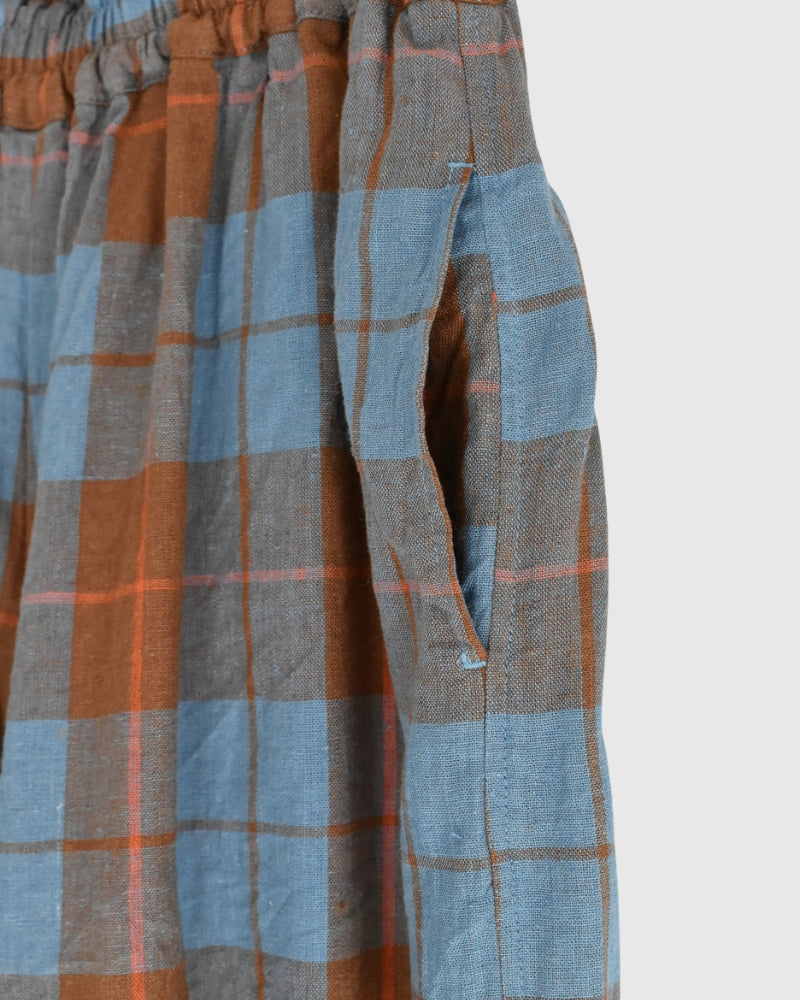 Linen Cotton Check Pants in Blue